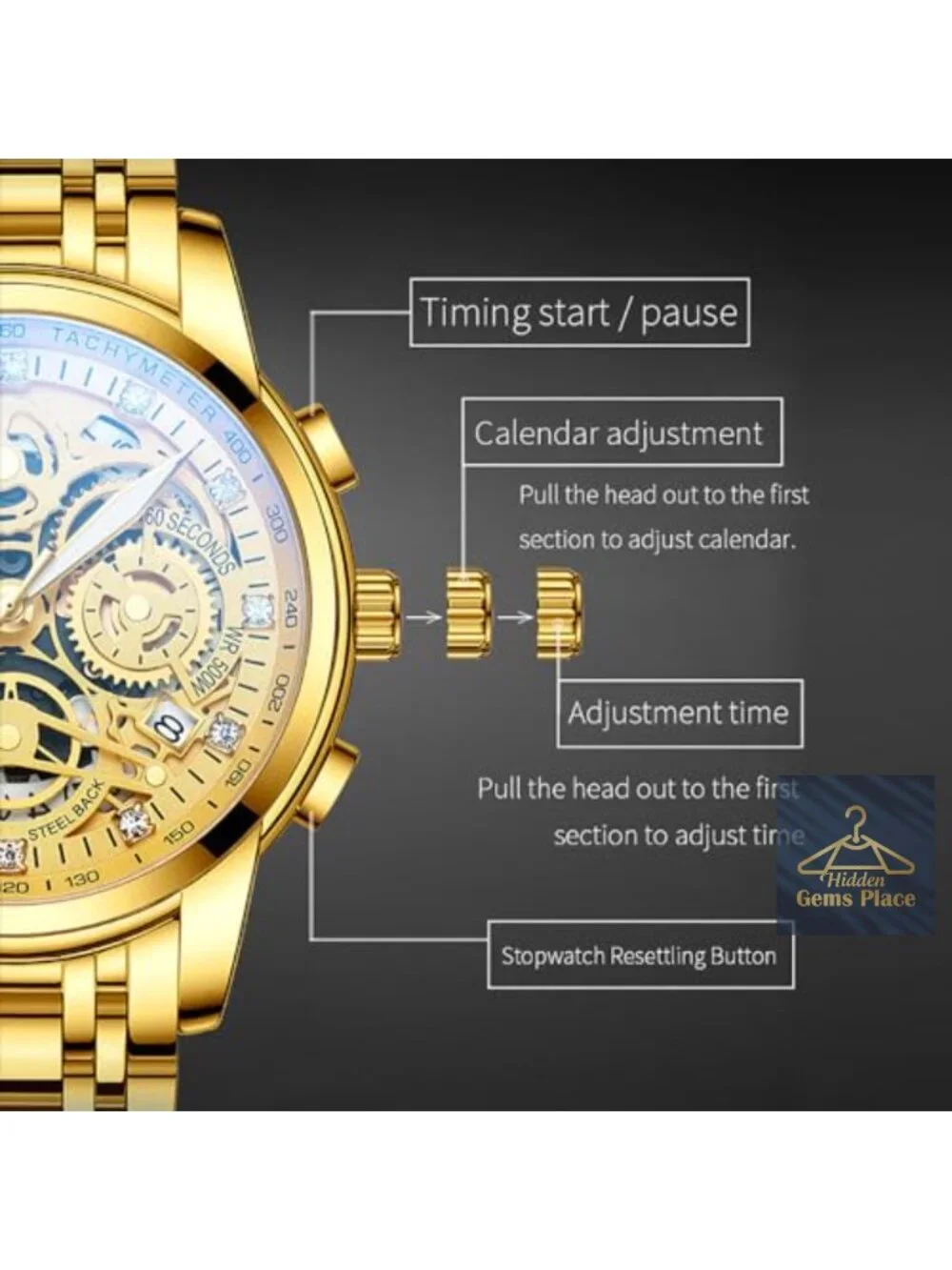 Men's Stainless Steel Quartz Watch, Skeleton Dial Chronograph, 3ATM Waterproof